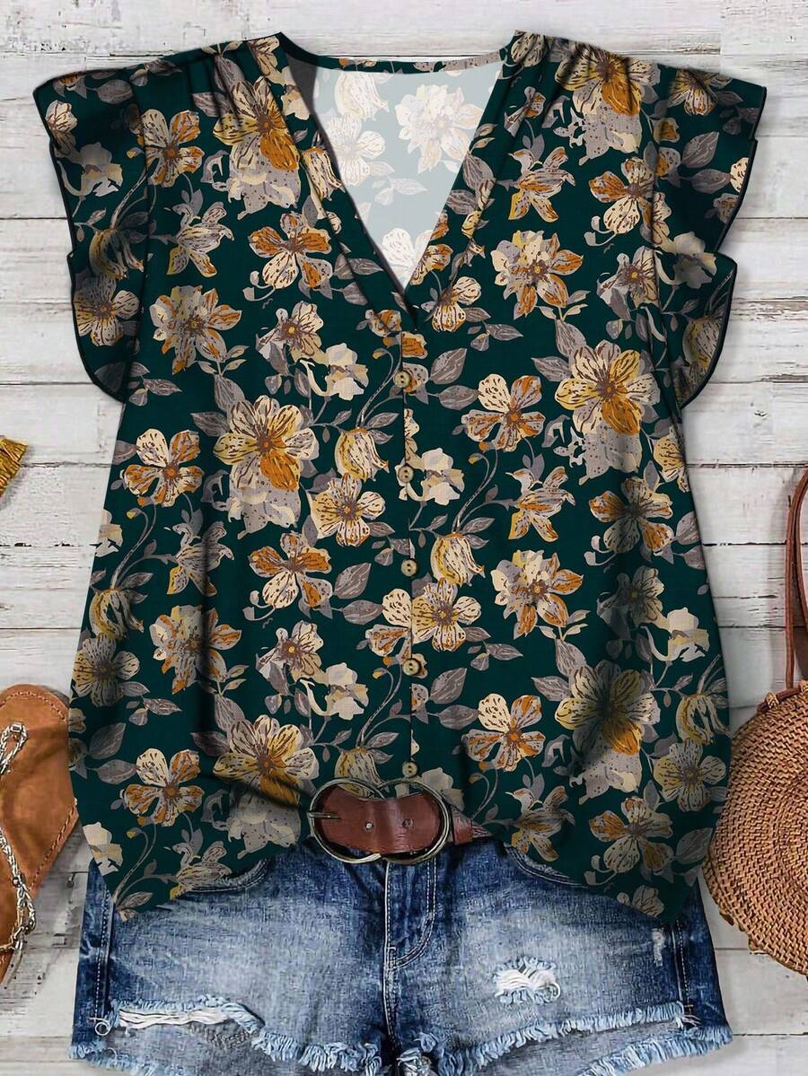 EMERY ROSE 女士休闲复古花卉V领衬衫，适合秋夏季 - 墨綠色 - 查看 1