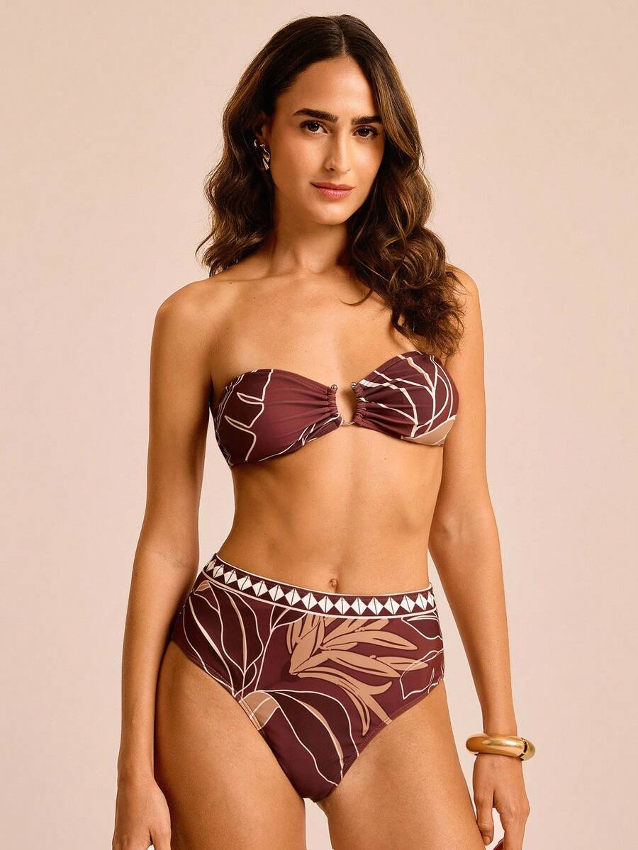 CAJUNI Top bandeau con estampado floral rojo-marrón y Bottom de cintura alta para vacaciones, bikini estampado para playa y citas