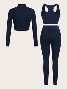 SHEIN Essnce Women's 3 Pieces Tracksuit Set, Ribbed Mock Neck Partial Zip Long Sleeve T-Shirt, Sports Bra Camisole, High Waist Leggings, Women's 3 Pieces Set, Leggings And Bustiers And Overalls - Navy Blue - View 2