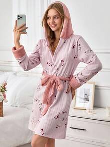 EURMUSE Women Pelush Fuzzy Fabric With Star&Polka Dot Pattern Belted Homewear Comfort Robe - Pink - View 5