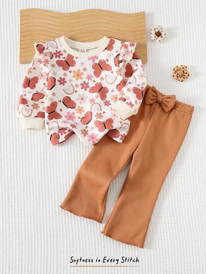 Cozy Pixies Conjunto de 2 piezas de sudadera de cuello redondo de manga larga con volantes y estampado floral y de mariposa, y pantalones acampanados de cintura elástica para niña bebé