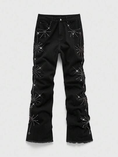 Street Life Herren funkelnde Diamant-Layered Flare Jeans, Grunge