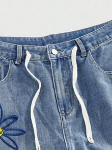 ROMWE MEN Casual Men's Embroidered Pattern Loose Baggy Jeans - Blue - View 3