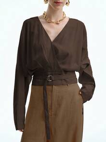Aalyst 女士亚麻优雅办公室通勤度假休闲 V 领落肩袖衬衫，配有可调节腰带，长袖衬衫 - 咖啡棕 - 查看 1