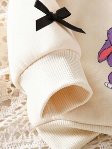 SHEIN 2 件套婴幼儿女童白色运动衫，带有可爱卡通印花和蝴蝶结装饰，长袖圆领运动衫和黑色松紧腰紧身裤，适合休闲、运动、日常穿着、外出、旅行，6 个月至 2-3 岁 - 彩色 - 查看 7