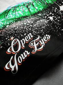 PAVTROS 美式街头风格蝙蝠袖立领短款T恤，带有大眼睛图案印花 - 黑色 - 查看 7