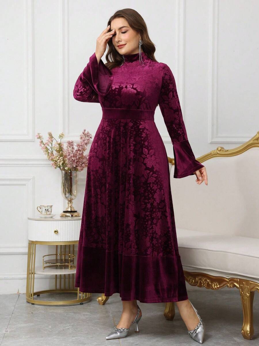 Modelyn Plus Size Women Velvet Embossed Flared Sleeve A-Line Dress, Elegant Party Evening Gown, Autumn/Winter - Red - View 1