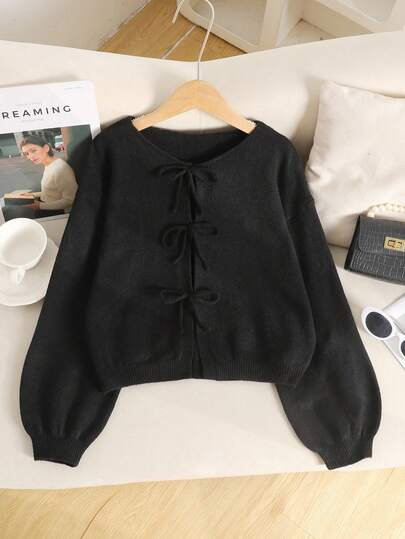 SHEIN Cardigan tricoté à manches longues avec nœud papillon, couleur unie, pour préadolescentes. Peut être porté par-dessus des chemises boutonnées. Convient pour un usage quotidien décontracté