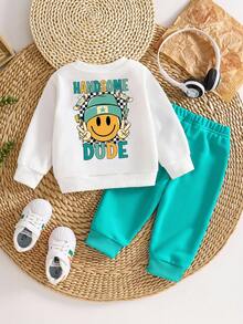 SHEIN Playful Pals 2件組男嬰白色秋季可愛圖案度假返校棋盤格臉孔MAMA'S BOY字母印花圓領運動衫與運動長褲套裝 - 白色 - 查看 2