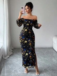 Rafferiza Women's Elegant Off Shoulder Floral Branch Print Mesh Elastic Waist Ruched Bodycon High Slit Lantern Sleeve Dress - Black - View 5