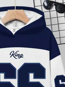 SHEIN Tween Boy Casual Loose Comfortable Baseball Culture Patchwork Pattern, Digit 66 & King Text Graphic Print Long Sleeve Hoodie, Suitable For Autumn/Winter