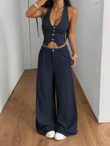 StreetHx Women's Streetwear Solid Color Vest And Pants 2 Pieces Set, Summer