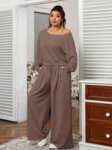 SHEIN EZwear 大码纯色不对称领长袖上衣和口袋裤休闲两件套 - 棕色 - 查看 5