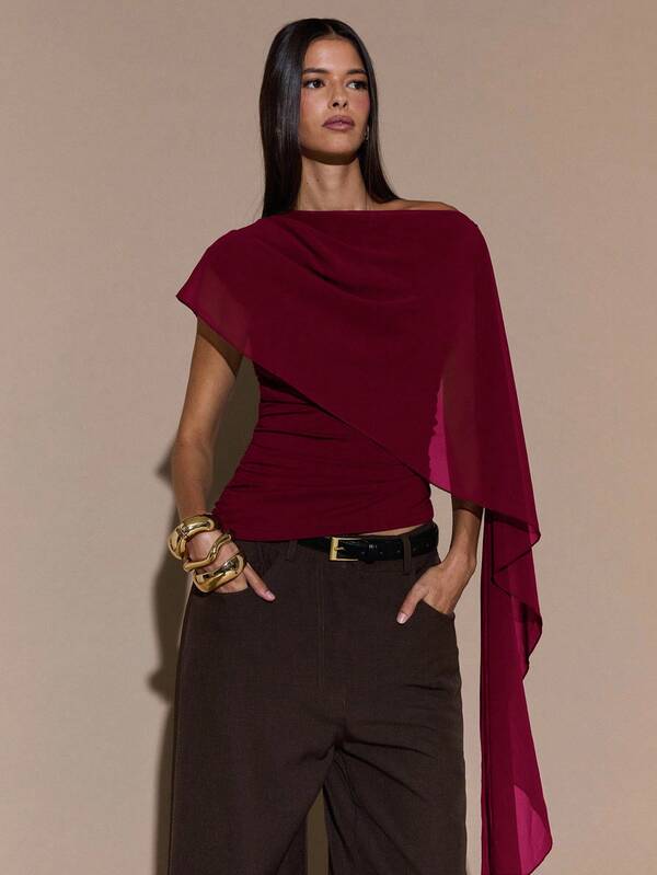 SHEIN BAE Women's Asymmetric Shoulder Ruched Neck Tie Knit Top, Elegant Fitted Sweater, Autumn/Winter,Red Top