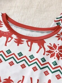 SHEIN 1 套加大码女式圣诞睡衣，酒红色圆领长袖上衣，带有驯鹿、雪花和几何印花，配套裤子，柔软弹力针织面料，可机洗，穿着舒适，家庭配套舒适服装（5 套单独出售）冬季家庭圣诞配套睡衣套装，秋季服装 - 彩色 - 查看 3