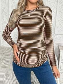 SHEIN Maternity Striped Round Neck Long Sleeve Pleated Fitted Casual T-Shirt Women Long Sleeve Top Coffee Brown Top Brown Top Women Brown Long Sleeve Top Maternity Shirt - Brown - View 3