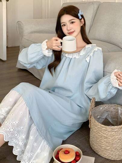 DAZY 甜美撞色荷叶边长款女士睡衣，冬季