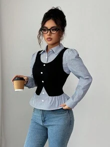 SHEIN Elenzya 女士蓝色罗纹拼接毛绒罗纹面料V领收腰设计优雅教师上衣，精致风格，适合独立日和秋季穿着 - 藍白色 - 查看 5