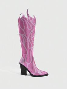 Glitzique Stivali alti da donna con decorazione a fiamma di strass, adatti per occasioni di festa