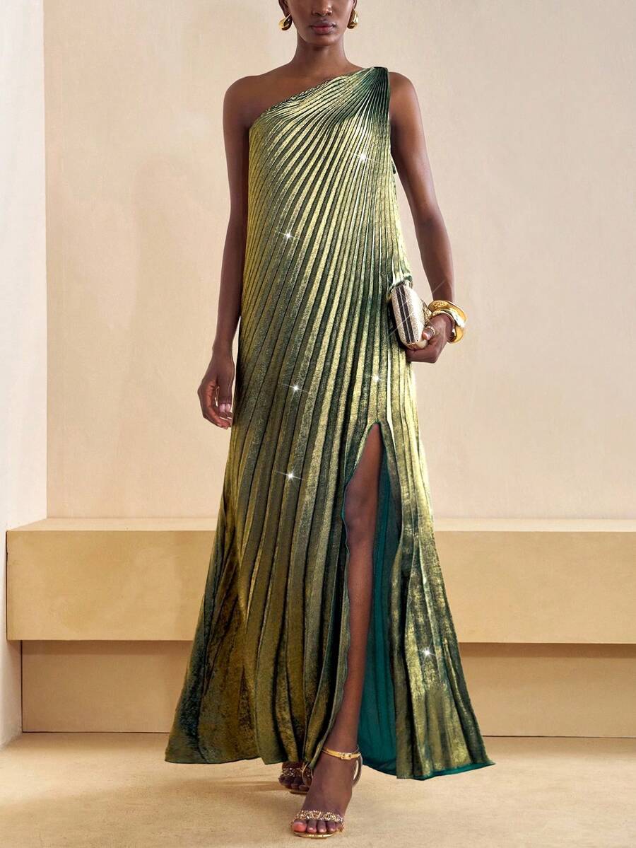 Zivah 2025秋季新款优雅派对优雅约会毕业季生日派对连衣裙聚会结婚季宴会性感宽松无袖一字肩单边高开衩亮面面料褶皱女长款绿色连衣裙-A - 綠色 - 查看 1