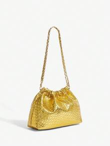 SHEIN SXY 女士、女式单肩包、流浪包、编织压花 PU、金色、时尚、优雅、简约、个性化、多功能、经典、适合通勤、办公室、约会、日常、购物、下午茶 - 金色 - 查看 3