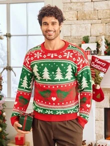 HIMLAND 男士圣诞树和鸟图案套头衫，秋冬款 - 彩色 - 查看 3