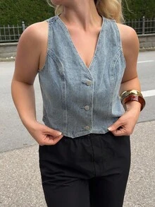 Siren Gaze Women's Denim Vest, Casual Fashionable All-Match Short Cropped Blue Jean Jacket, Fall Women Clothes