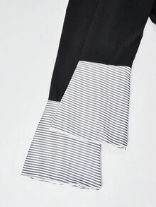 SHEIN 2 件套青少年女孩 V 领喇叭袖短款上衣 + 修身喇叭裤，黑白经典马匹装饰，长袖 T 恤上衣 + 裤子套装 - 黑色 - 查看 13