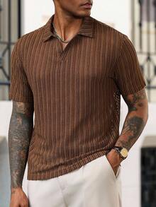 Manfinity Homme Men's Casual Solid Color Textured Fabric V-Neck Short Sleeve Polo Shirt, Summer Striped Men Casual Men Knitted Button Up Dark Brown Shirt