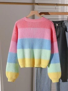 SHEIN 少女彩虹色块休闲时尚修身针织开衫，秋冬款