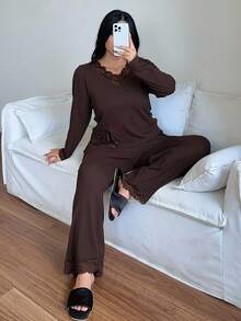 Dazy Plus Bộ đồ ngủ nữ cỡ lớn, chất liệu ren tương phản co giãn, thời trang và thanh lịch, trang phục thu đông - màu nâu - Xem 6