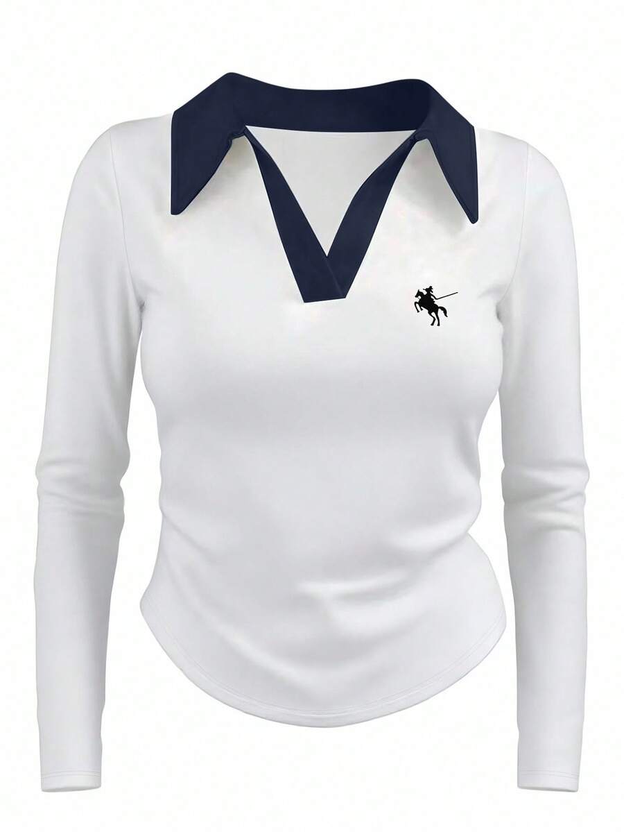 INAWLY Camiseta casual de manga larga para mujer con cuello, estampado y color contrastante, ajustada y con pliegues sexy - azul real - Ver 1