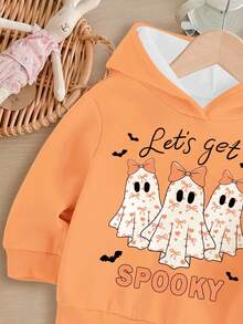 Baby Girl Halloween Dark Green,Autumn,Cute,Birthday 2 Pieces Set,'s Get Ghost Bow Print Hoodie And Winter Pants,Loose Casual Fall Loungewear Outfit - Multicolor - View 4