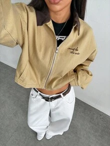 Elenzga Áo khoác denim ngắn cổ màu tương phản thường ngày, mùa thu - Màu Khaki - Xem 7