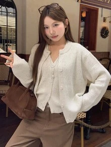 DAZY 2 件套女士休闲碎花雪纺背心开衫套装，秋季 - 米色 - 查看 7