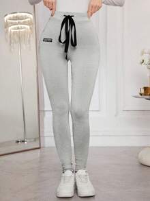 Modelyn Casual Simple Letter Printed Drawstring Waist Leggings Fall Cloth For Women - Grey - View 6