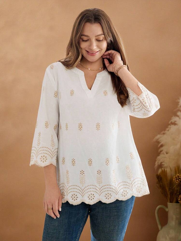 Plus Size Women's Burnout Embroidered Notched-Neck 3/4 Sleeve Loose Casual Blouse,Fall Plus Size,Formal Tops For Women,Business Casual Woman,Classy For Women,For Stylish Everyday Wear,Fall For Women,Elegant Women's Blouses,Chic Autumn