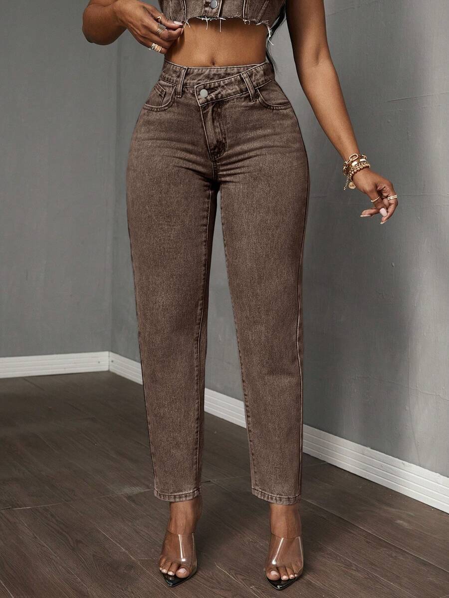 SHEIN Tall CURVE Quần jean ống côn cạp trễ bất đối xứng cho nữ cỡ lớn - Cà phê nâu - Xem 1