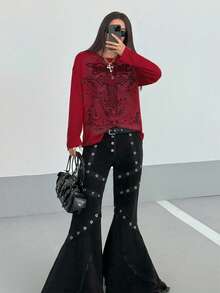 StreetHx 女士哥特印花宽松休闲暗黑街头风圆领薄款长袖T恤，秋冬图案T恤，春季女式上衣 - 酒紅色 - 查看 6