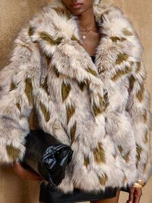Lumalex VITNOS Women's Faux Fur Leopard Print Coat,White Animal Print,Winter,Elegent,Party Night Fashionable Commuting Contrast Color Jacket, Outerwear - Brown - View 5