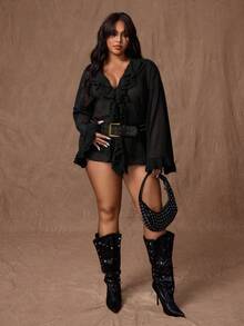 Rustia Plus Size Women Solid Color Chiffon Thin Double Ruffle Trim Loose Tie Front Long Sleeve Blouse - Black - View 6