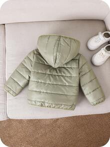 SHEIN 男婴黑色冬季保暖连帽拉链加厚外套，休闲百搭，柔软舒适，适合雪地玩耍，男婴外套