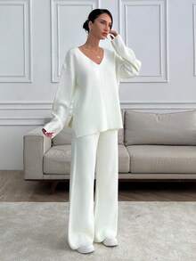EURMUSE Petite Petite Women V-Neck Oversize Sweater And Knit Pant Set - White - View 4