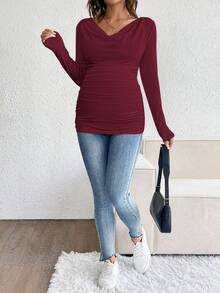 SHEIN Elegant Solid Color Ruffled Neck Fitted Maternity T-Shirt, Autumn Long Sleeve Maternity Top Maternity Tops Pregnancy Shirts Pregnancy Clothes Maternity Shirts For Women - Burgundy - View 6