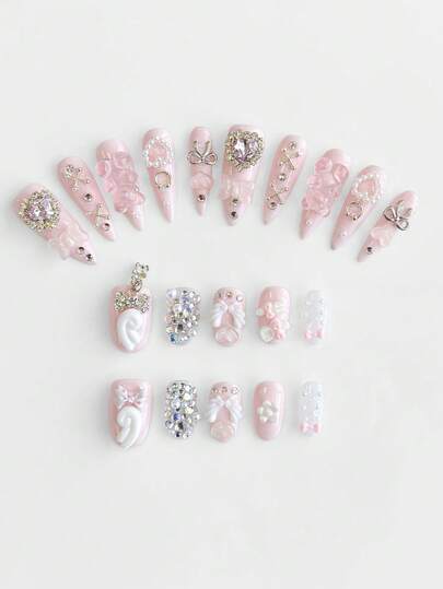 Anime 10pcs Cute Wings, Rose, Bow, Music Note, Star Element High Quality Handmade False Nails + 3pcs Double-Sided Adhesive, Y2K Style Rhinestone Pink Polka Dot White Lace Removable Manicure Stickers, Suitable For Holidays, Parties, Dancing And Daily Wear