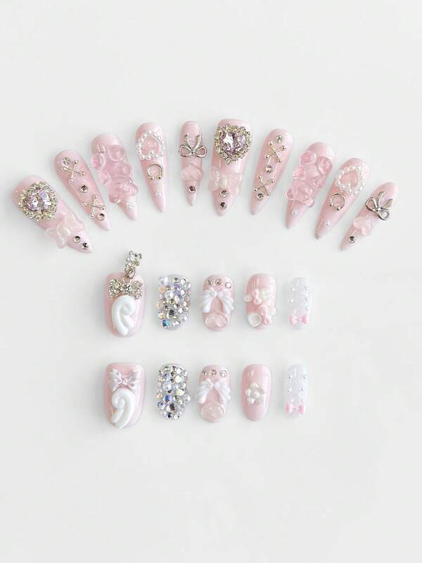 ROMWE Anime 10pcs Cute Wings, Rose, Bow, Music Note, Star Element High Quality Handmade False Nails + 3pcs Double-Sided Adhesive, Y2K Style Rhinestone Pink Polka Dot White Lace Removable Manicure Stickers, Suitable For Holidays, Parties, Dancing And Daily Wear