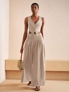 Zivah 2025夏季新款音乐节复活节母亲节婚礼生日派对日常出游基础百搭休闲度假邮轮旅行沙滩海边日光浴网红爆款街头风优雅通勤商务休闲V领无袖修身开衫女背心宽松阔腿裤纽扣口袋百褶女两件套 - 杏色 - 查看 5