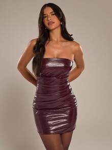 SHEIN BAE Women's Solid Color Bandeau Mini Dress, Summer Fashion - Burgundy - View 8