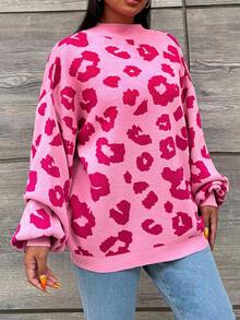 EURMUSE Plus Leopard Pattern Drop Shoulder Sweater, For Winter