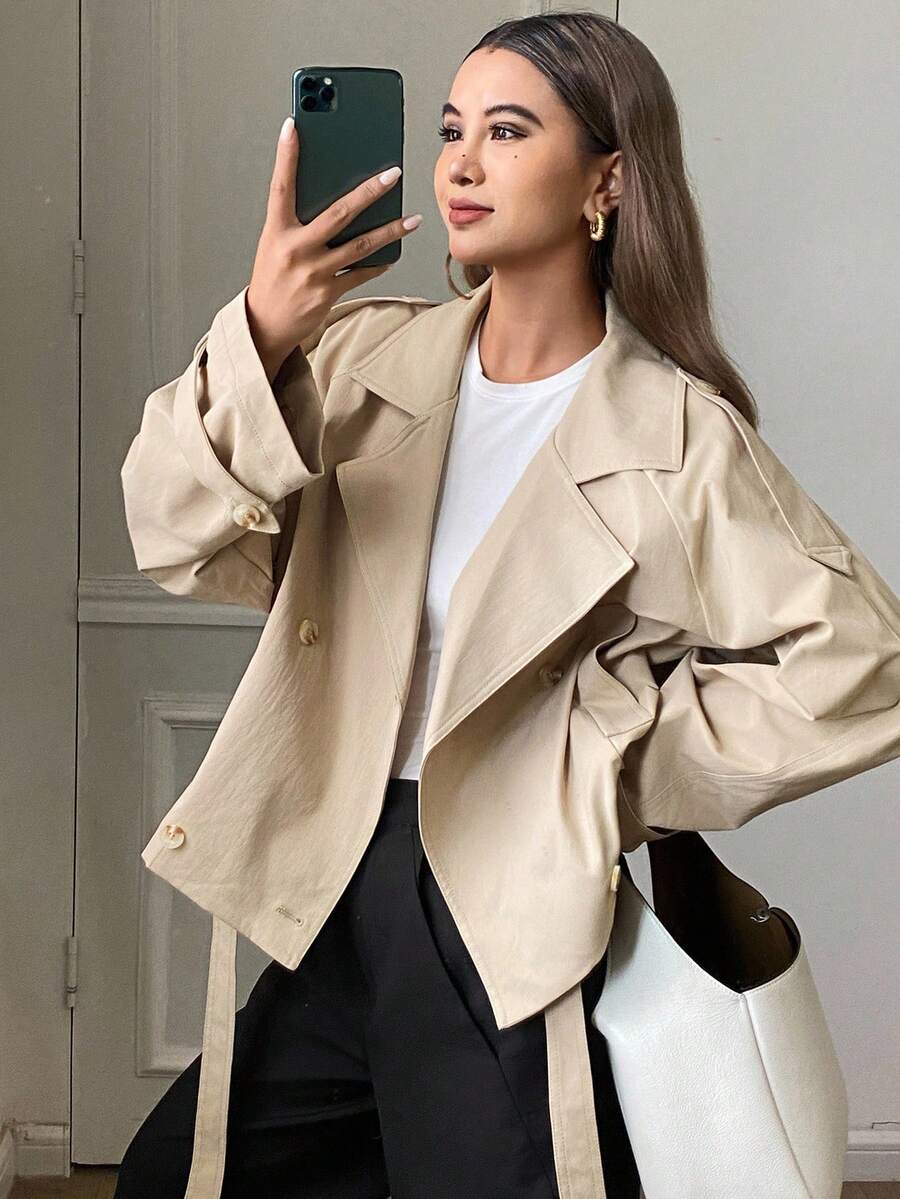 DAZY 女式宽松翻领风衣，秋季夹克 - 卡其色 - 查看 1